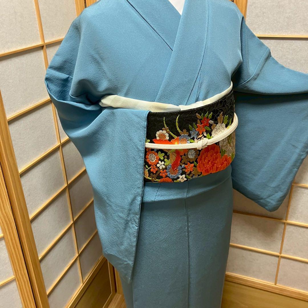 5789# Japanese Kimono Vintage Womens Silk Fabric Robe Kimono only sold Blue