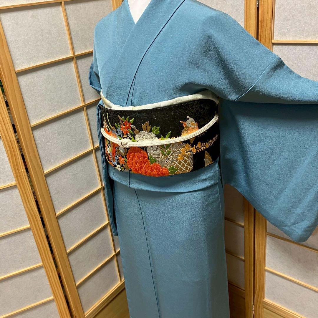 5789# Japanese Kimono Vintage Womens Silk Fabric Robe Kimono only sold Blue