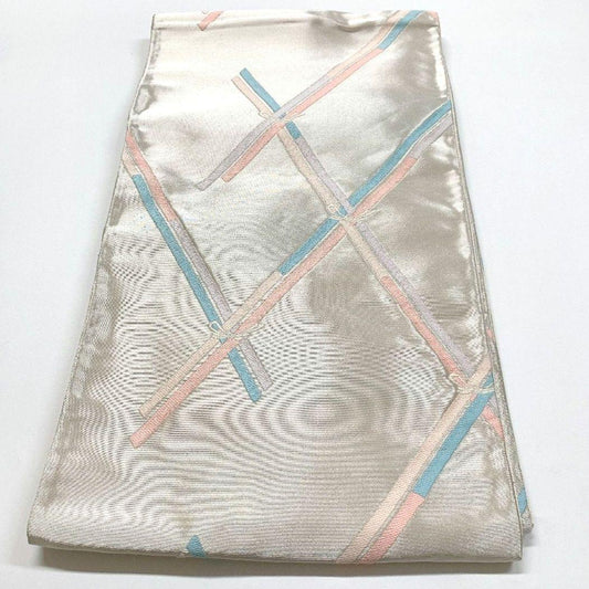 5075# Japanese Vintage Fukuro Obi Belt Kimono Fabric Silk Traditional Silver