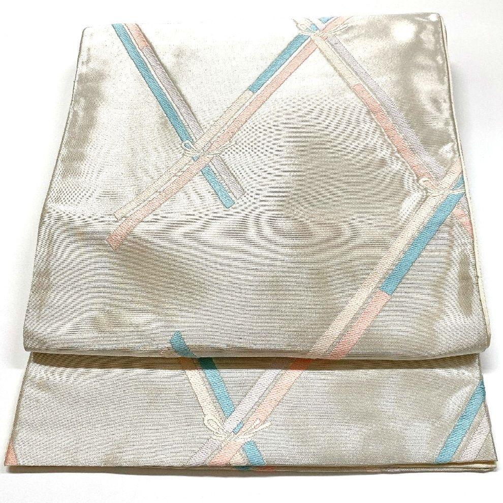 5075# Japanese Vintage Fukuro Obi Belt Kimono Fabric Silk Traditional Silver