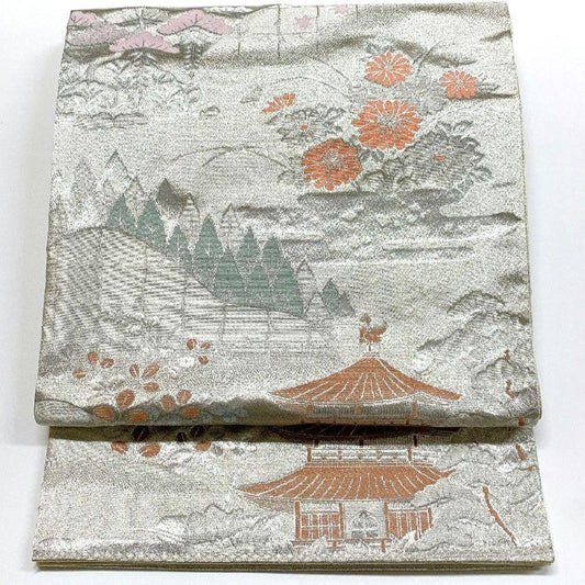 4131# Japanese Vintage Fukuro Obi Belt Kimono Fabric Silk Traditional Silver