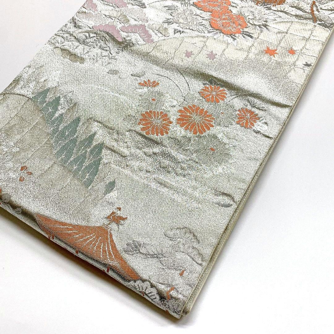 4131# Japanese Vintage Fukuro Obi Belt Kimono Fabric Silk Traditional Silver