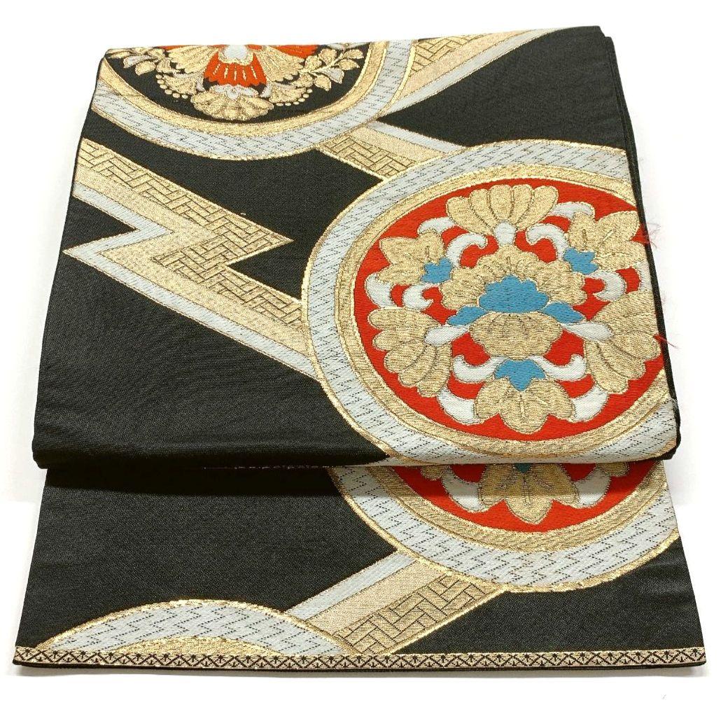 5047# Japanese Vintage Fukuro Obi Belt Kimono Fabric Silk Traditional Black