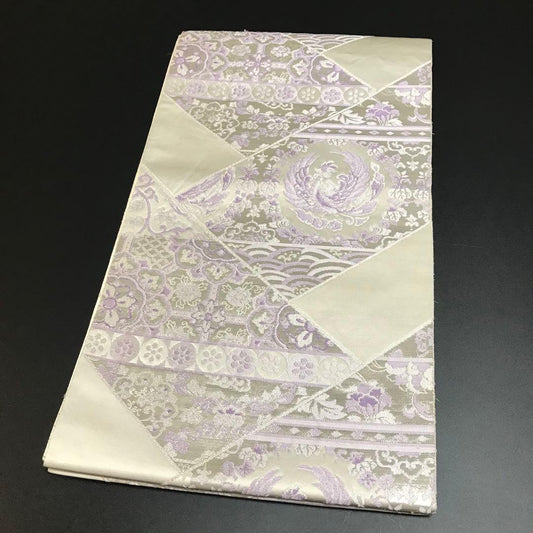 6761# Japanese Vintage Fukuro Obi Belt Kimono Fabric Silk Traditional Silver