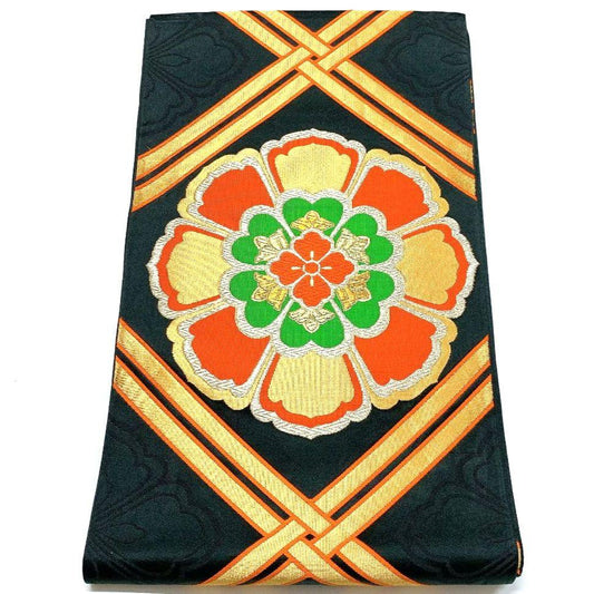 3840# Japanese Vintage Fukuro Obi Belt Kimono Fabric Silk Traditional Black