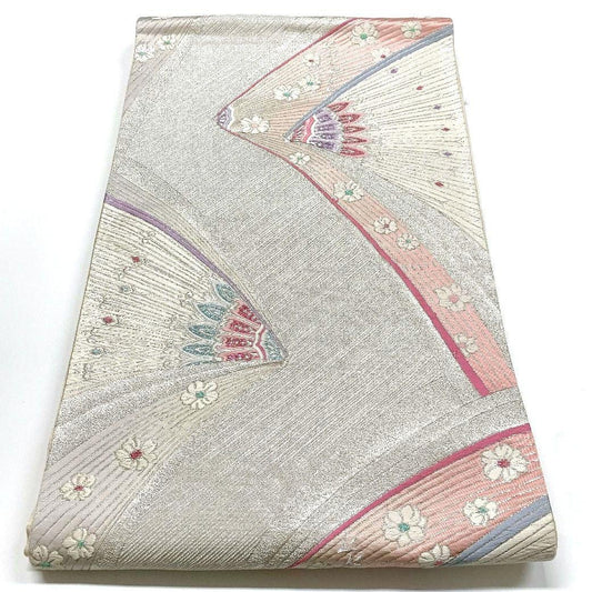 4152# Japanese Vintage Fukuro Obi Belt Kimono Fabric Silk Traditional Silver