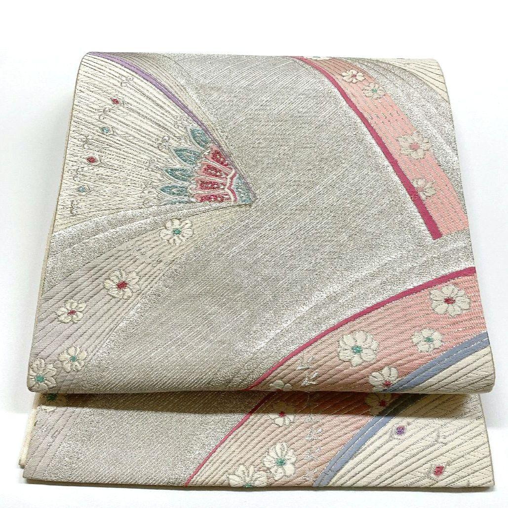 4152# Japanese Vintage Fukuro Obi Belt Kimono Fabric Silk Traditional Silver