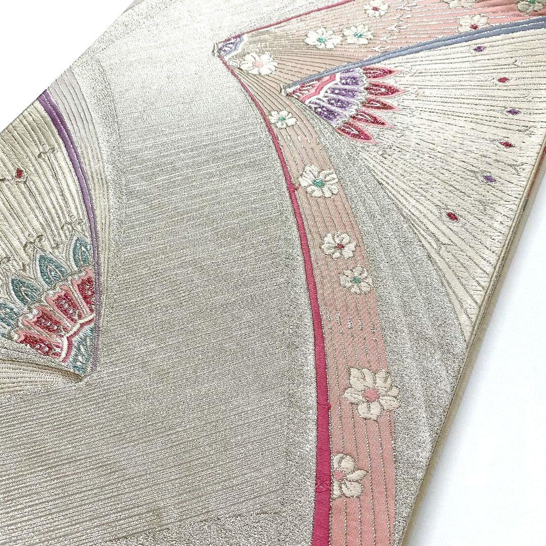 4152# Japanese Vintage Fukuro Obi Belt Kimono Fabric Silk Traditional Silver