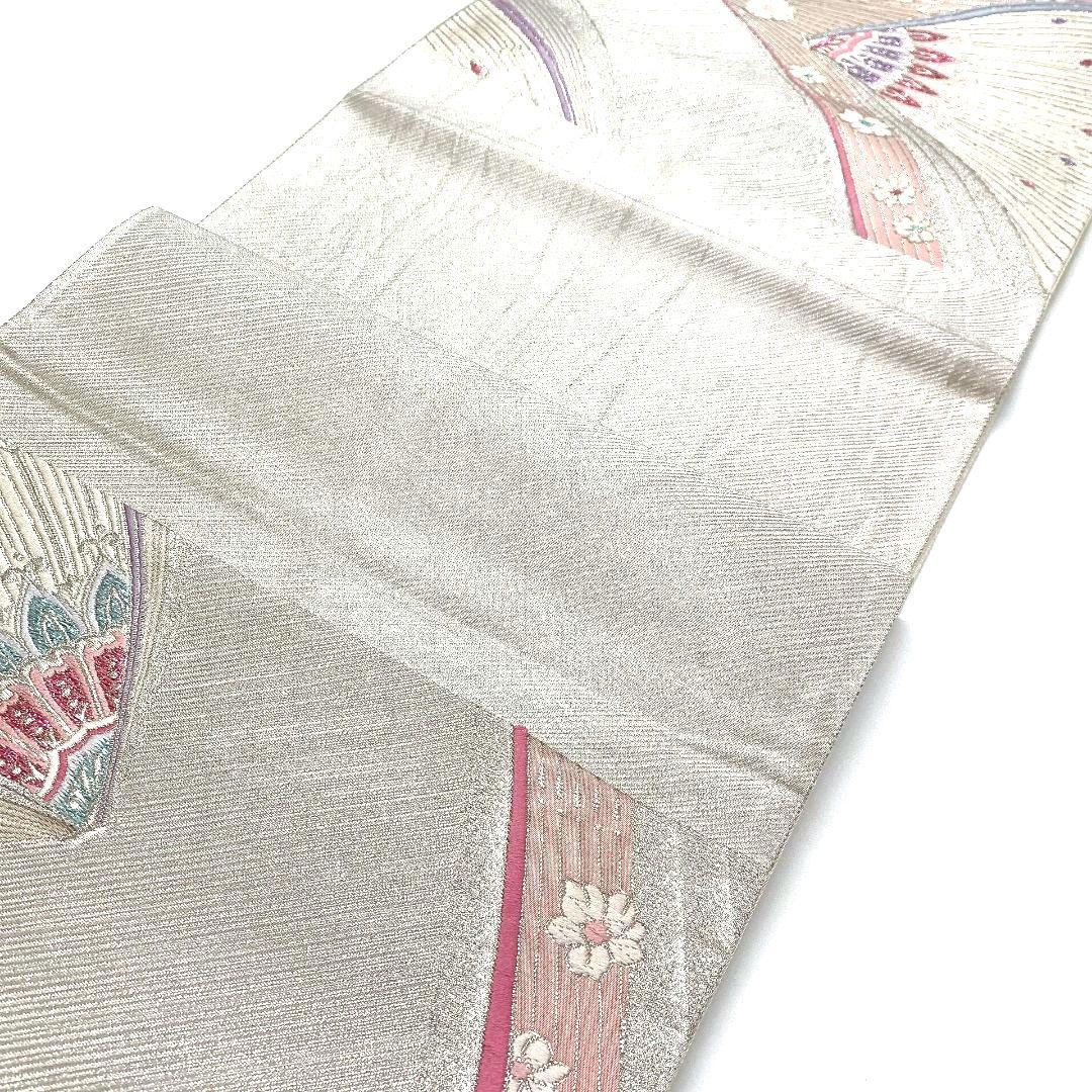 4152# Japanese Vintage Fukuro Obi Belt Kimono Fabric Silk Traditional Silver