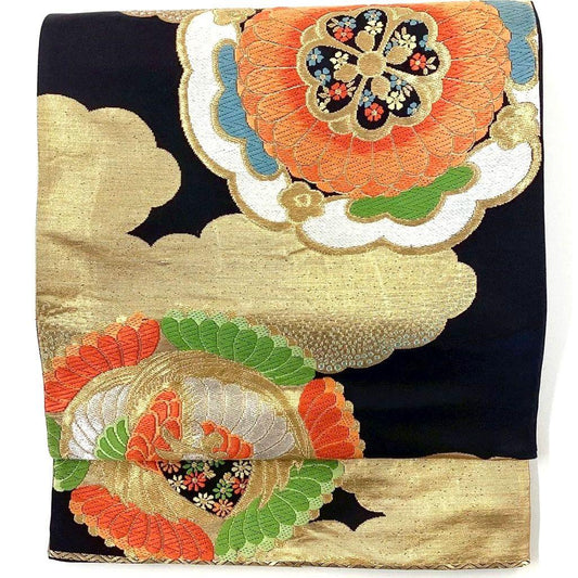 4726# Japanese Vintage Fukuro Obi Belt Kimono Fabric Silk Traditional Black