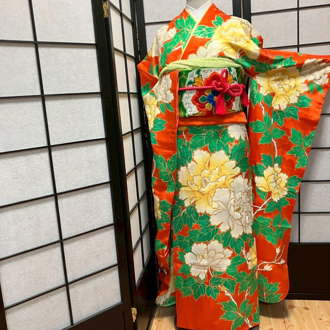 5466# Japanese Furisode Kimono Vintage Womens Silk Fabric Robe Kimono only sold