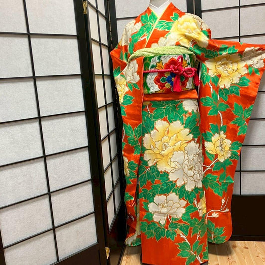 5466# Japanese Furisode Kimono Vintage Womens Silk Fabric Robe Kimono only sold