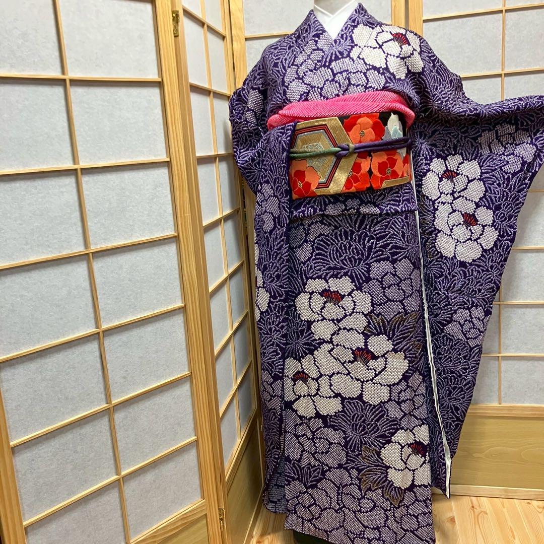 4357# Japanese Vintage Furisode Kimono Obi Obijime Obiage 4-Piece Set Silk Robe