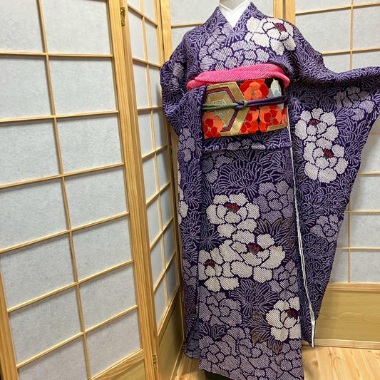 4357# Japanese Vintage Furisode Kimono Obi Obijime Obiage 4-Piece Set Silk Robe