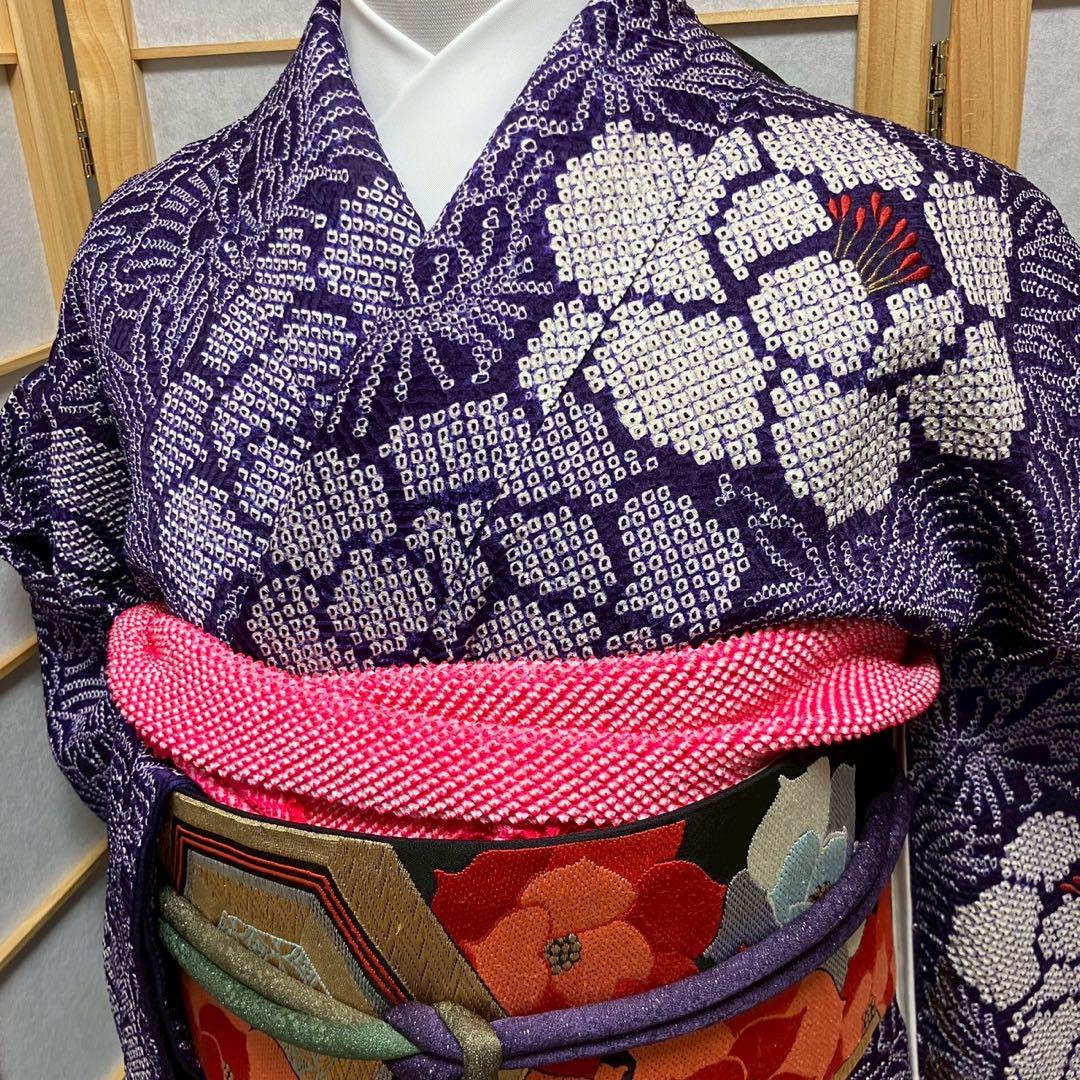 4357# Japanese Vintage Furisode Kimono Obi Obijime Obiage 4-Piece Set Silk Robe
