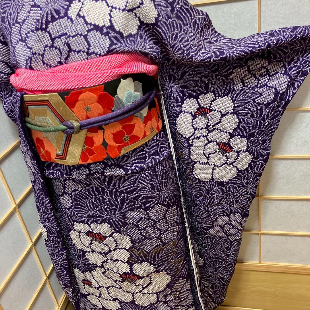 4357# Japanese Vintage Furisode Kimono Obi Obijime Obiage 4-Piece Set Silk Robe