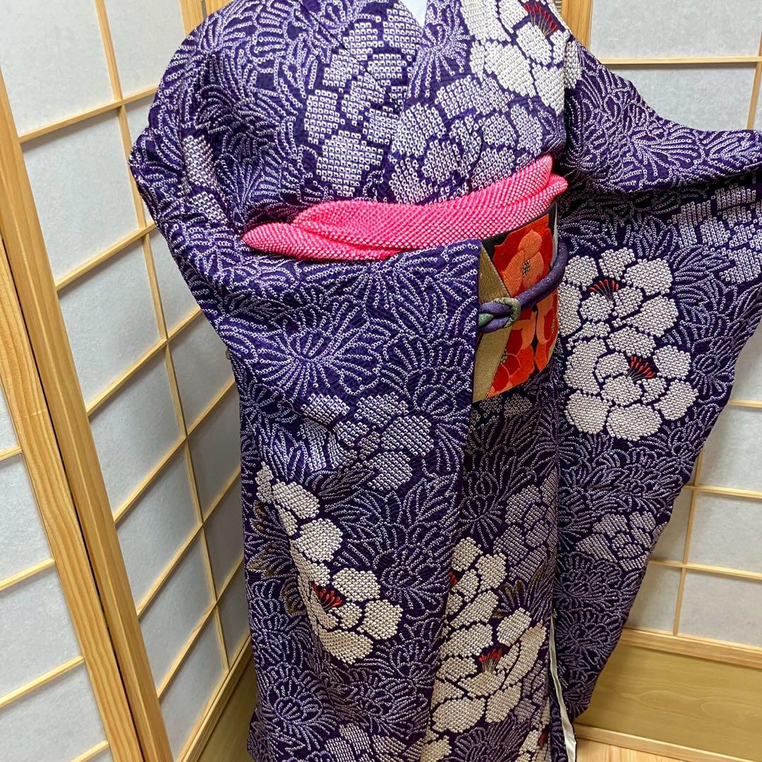 4357# Japanese Vintage Furisode Kimono Obi Obijime Obiage 4-Piece Set Silk Robe