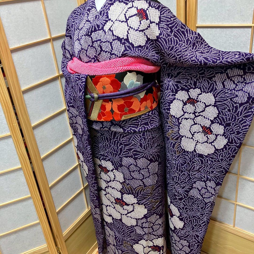 4357# Japanese Vintage Furisode Kimono Obi Obijime Obiage 4-Piece Set Silk Robe