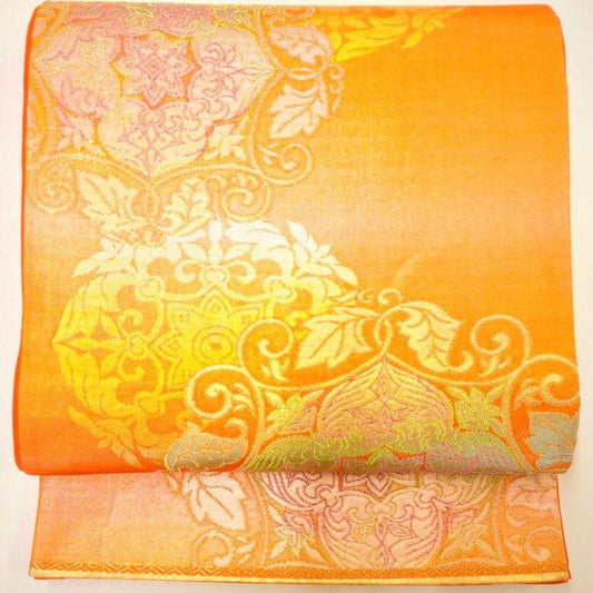 2511# Japanese Vintage Fukuro Obi Belt Kimono Fabric Silk Traditional Orange