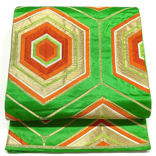 3808# Japanese Vintage Fukuro Obi Belt Kimono Fabric Silk Traditional Green