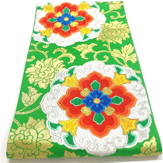 3778# Japanese Vintage Fukuro Obi Belt Kimono Fabric Silk Traditional Green