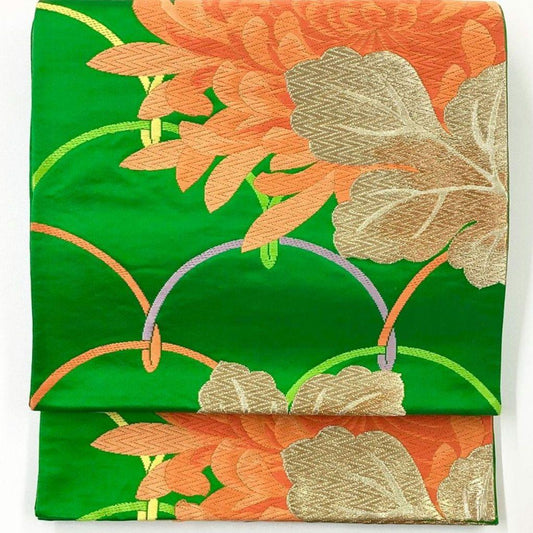 4946# Japanese Vintage Fukuro Obi Belt Kimono Fabric Silk Traditional Green