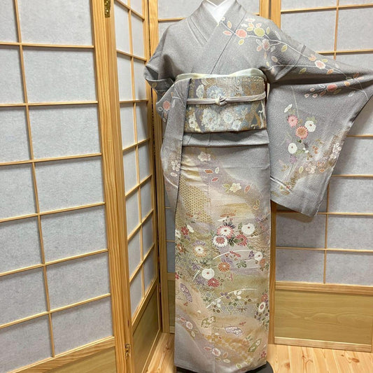 5455# Japanese Kimono Vintage Womens Silk Fabric Robe Kimono only sold Gray
