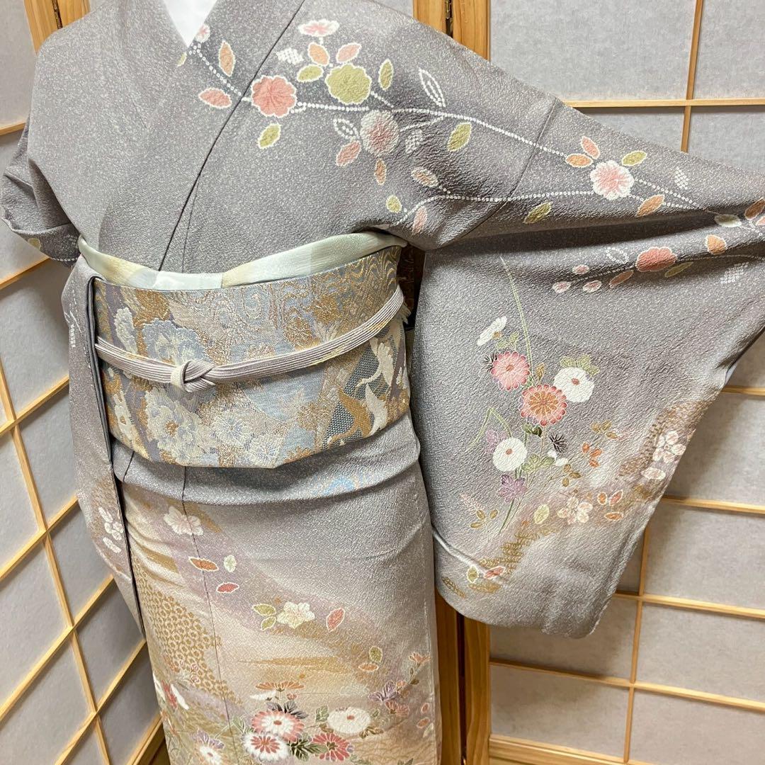 5455# Japanese Kimono Vintage Womens Silk Fabric Robe Kimono only sold Gray