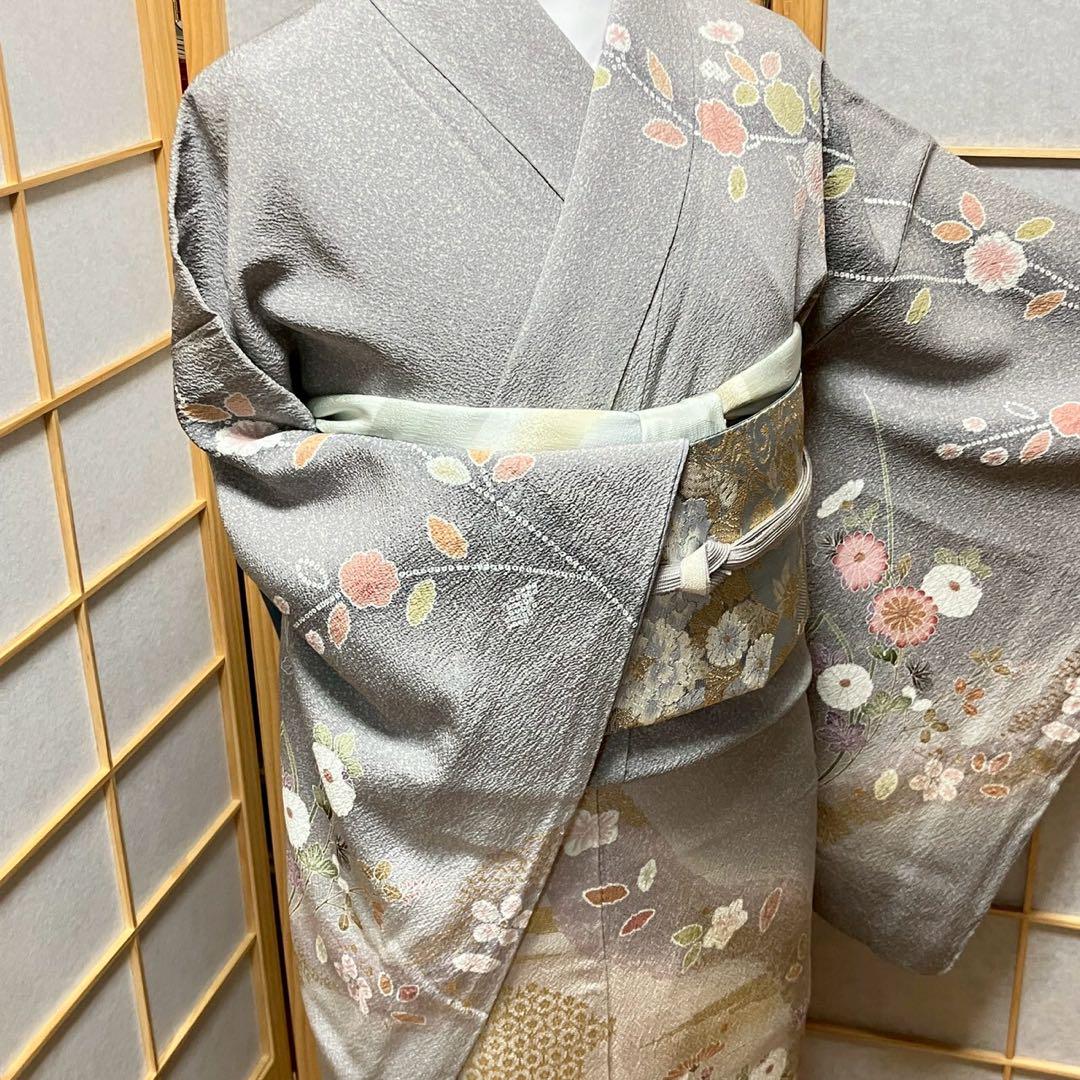 5455# Japanese Kimono Vintage Womens Silk Fabric Robe Kimono only sold Gray