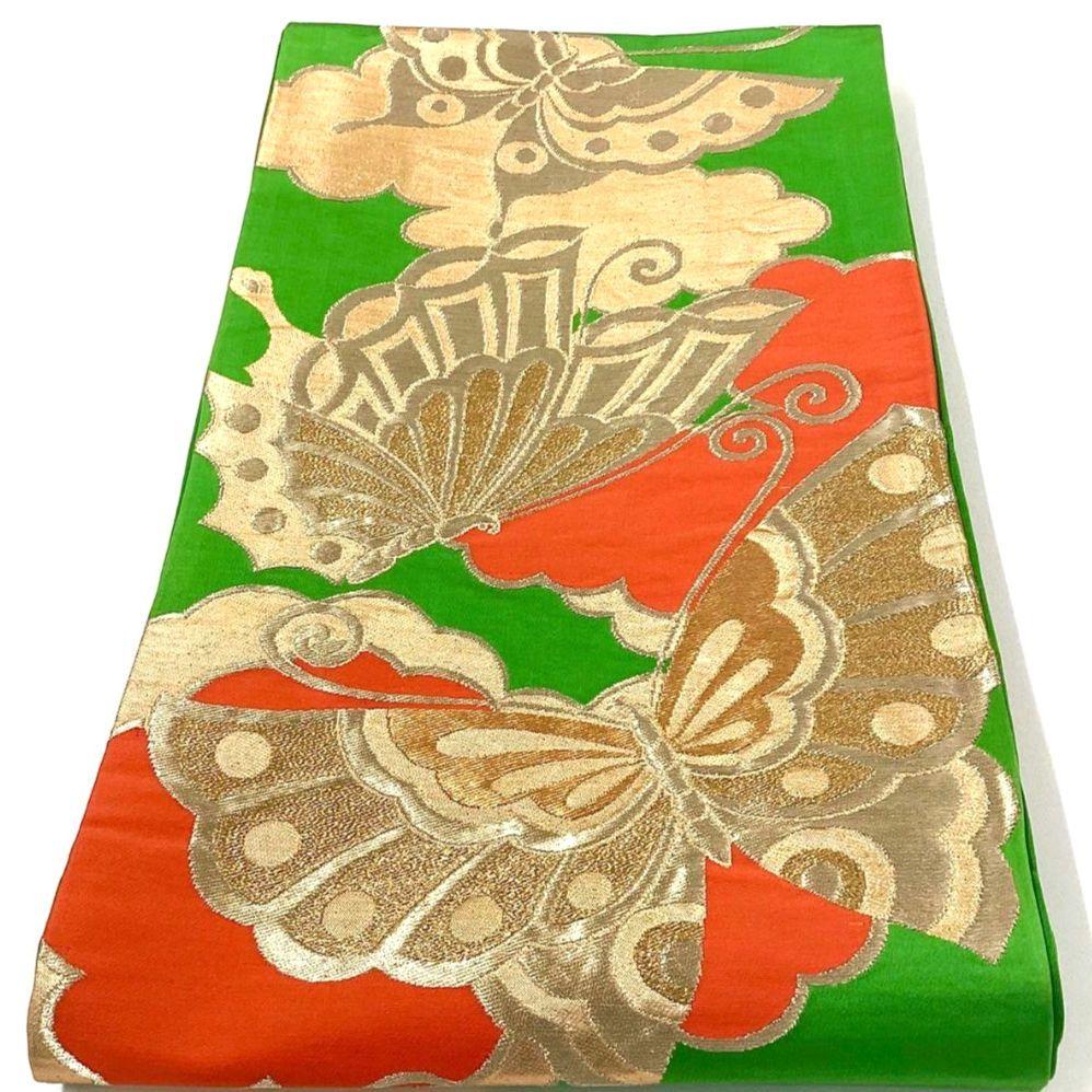 4287# Japanese Vintage Fukuro Obi Belt Kimono Fabric Silk Traditional Green