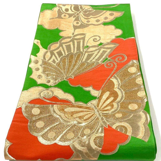 4287# Japanese Vintage Fukuro Obi Belt Kimono Fabric Silk Traditional Green