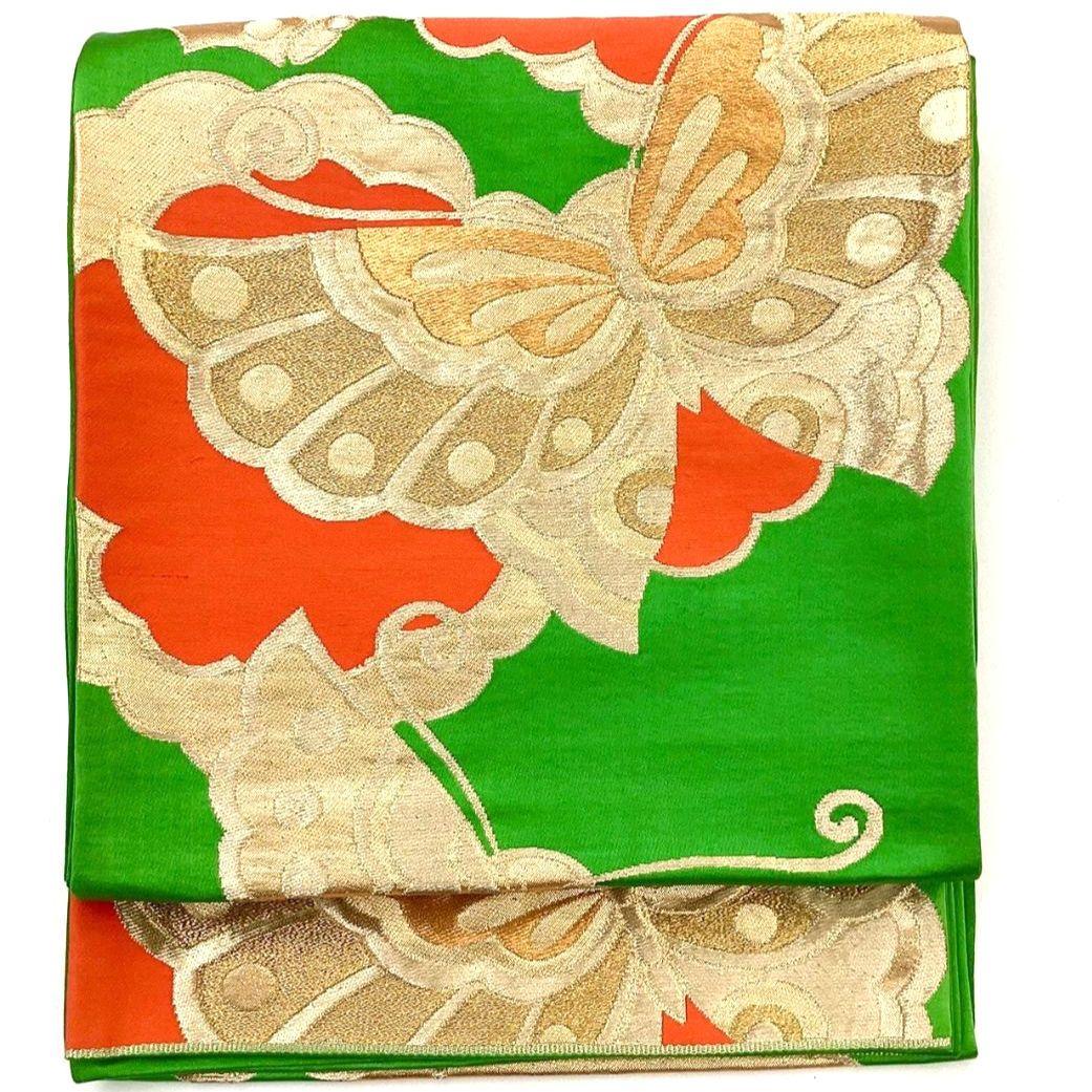 4287# Japanese Vintage Fukuro Obi Belt Kimono Fabric Silk Traditional Green