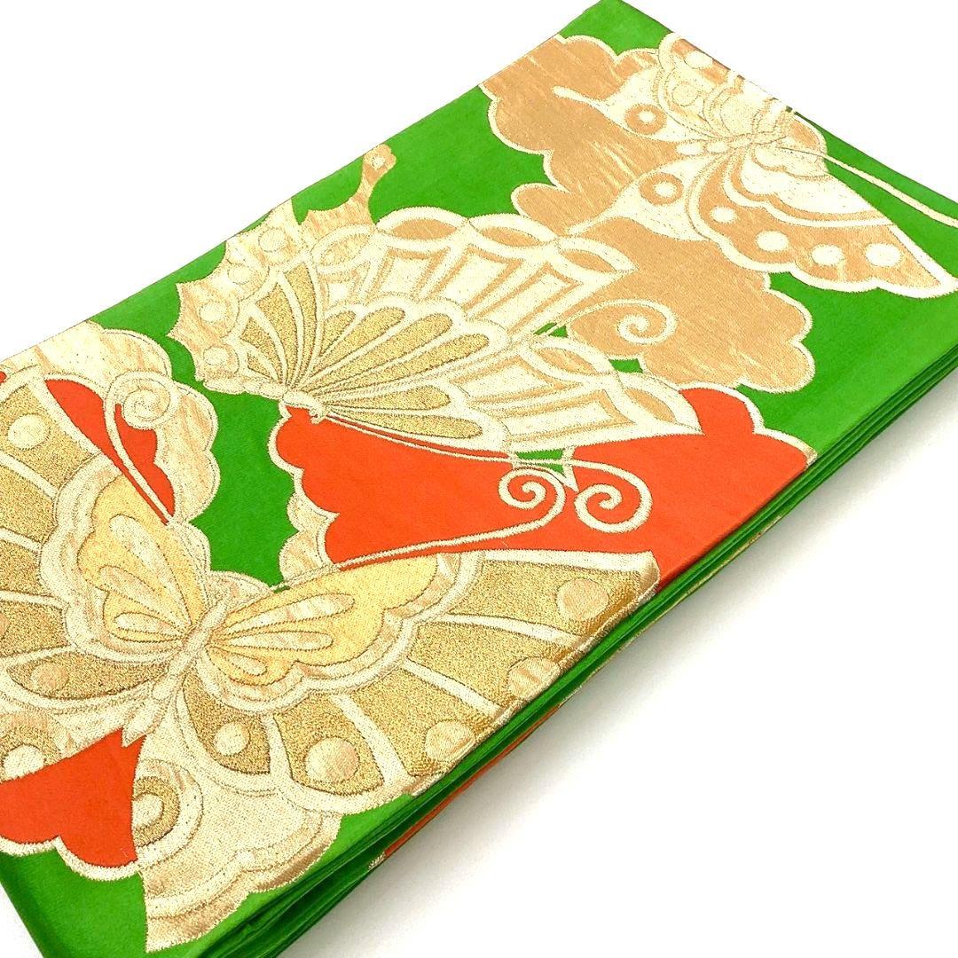 4287# Japanese Vintage Fukuro Obi Belt Kimono Fabric Silk Traditional Green