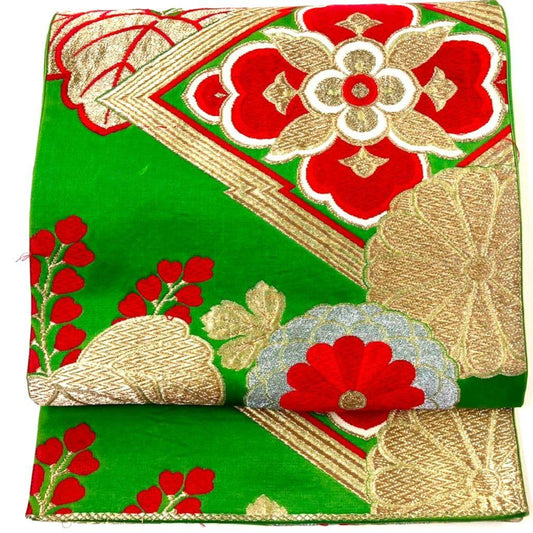 3557# Japanese Vintage Fukuro Obi Belt Kimono Fabric Silk Traditional Green