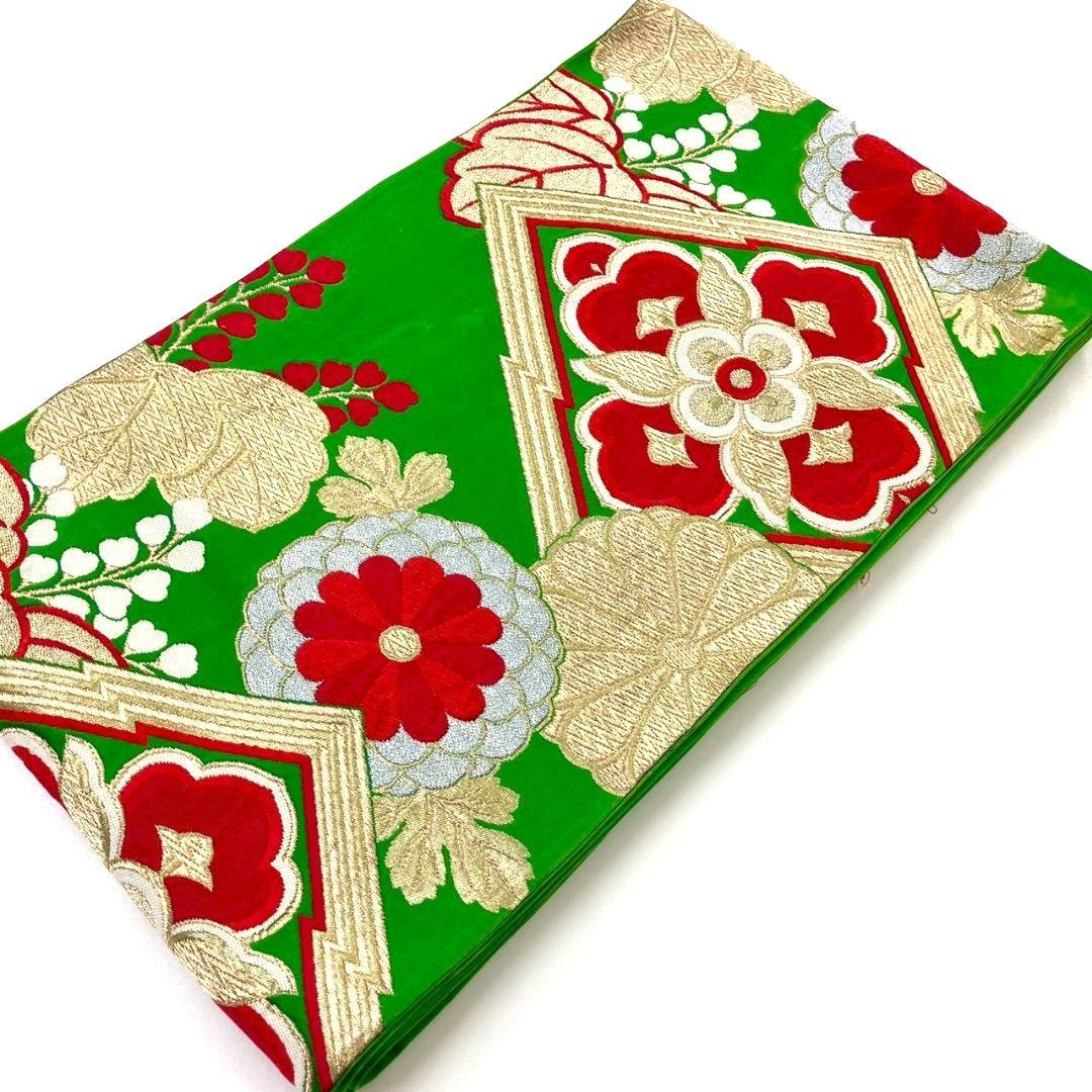 3557# Japanese Vintage Fukuro Obi Belt Kimono Fabric Silk Traditional Green