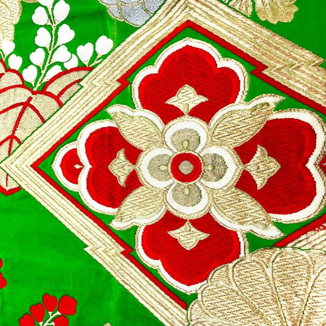 3557# Japanese Vintage Fukuro Obi Belt Kimono Fabric Silk Traditional Green