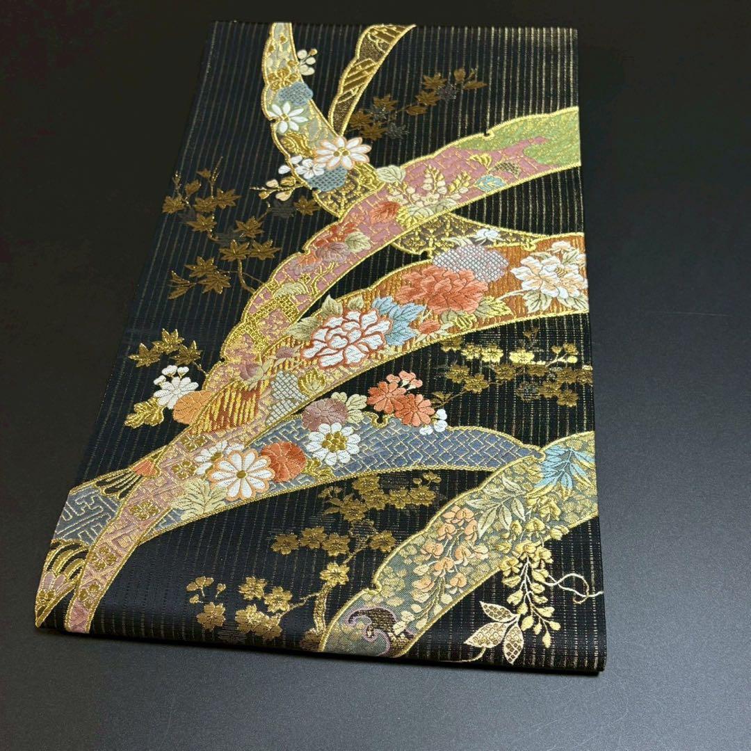 6157# Japanese Vintage Fukuro Obi Belt Kimono Fabric Silk Traditional Black