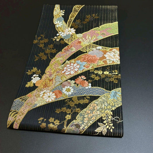 6157# Japanese Vintage Fukuro Obi Belt Kimono Fabric Silk Traditional Black