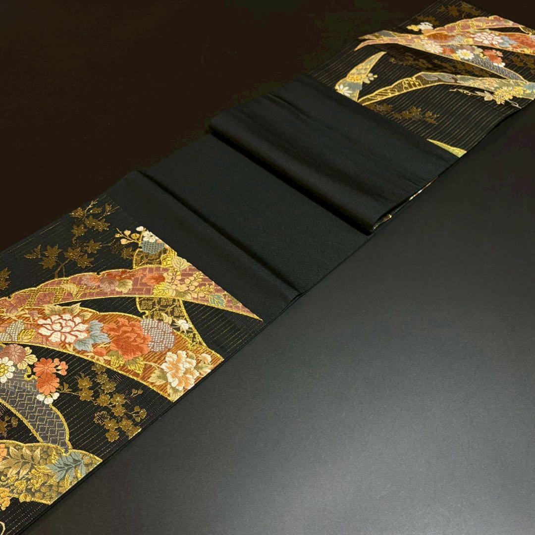 6157# Japanese Vintage Fukuro Obi Belt Kimono Fabric Silk Traditional Black