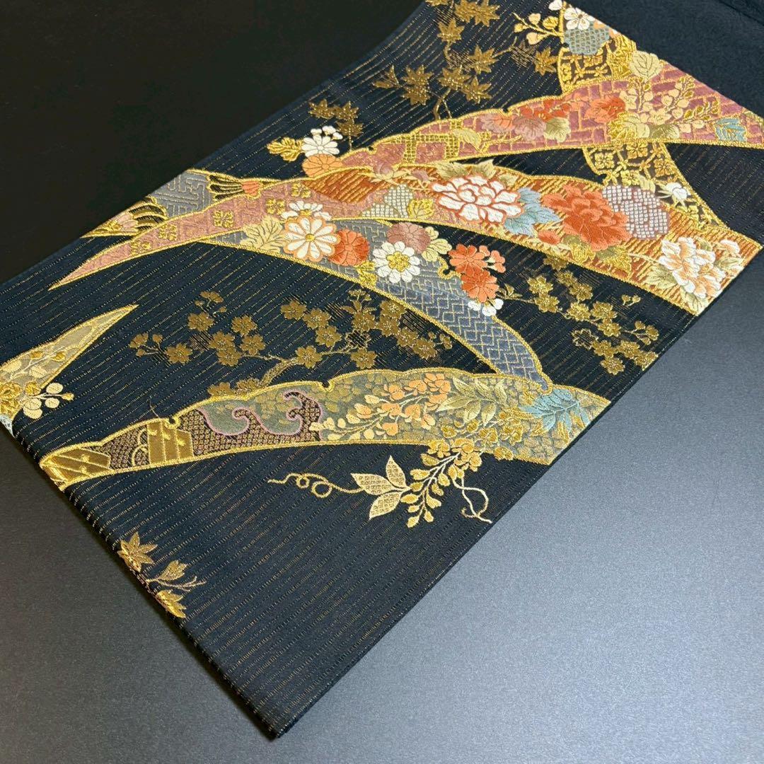 6157# Japanese Vintage Fukuro Obi Belt Kimono Fabric Silk Traditional Black
