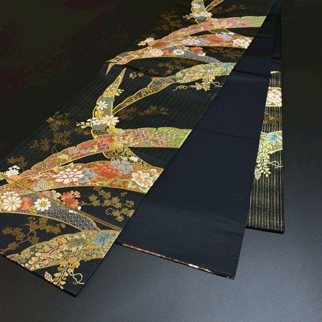 6157# Japanese Vintage Fukuro Obi Belt Kimono Fabric Silk Traditional Black