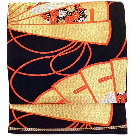 4751# Japanese Vintage Fukuro Obi Belt Kimono Fabric Silk Traditional Black