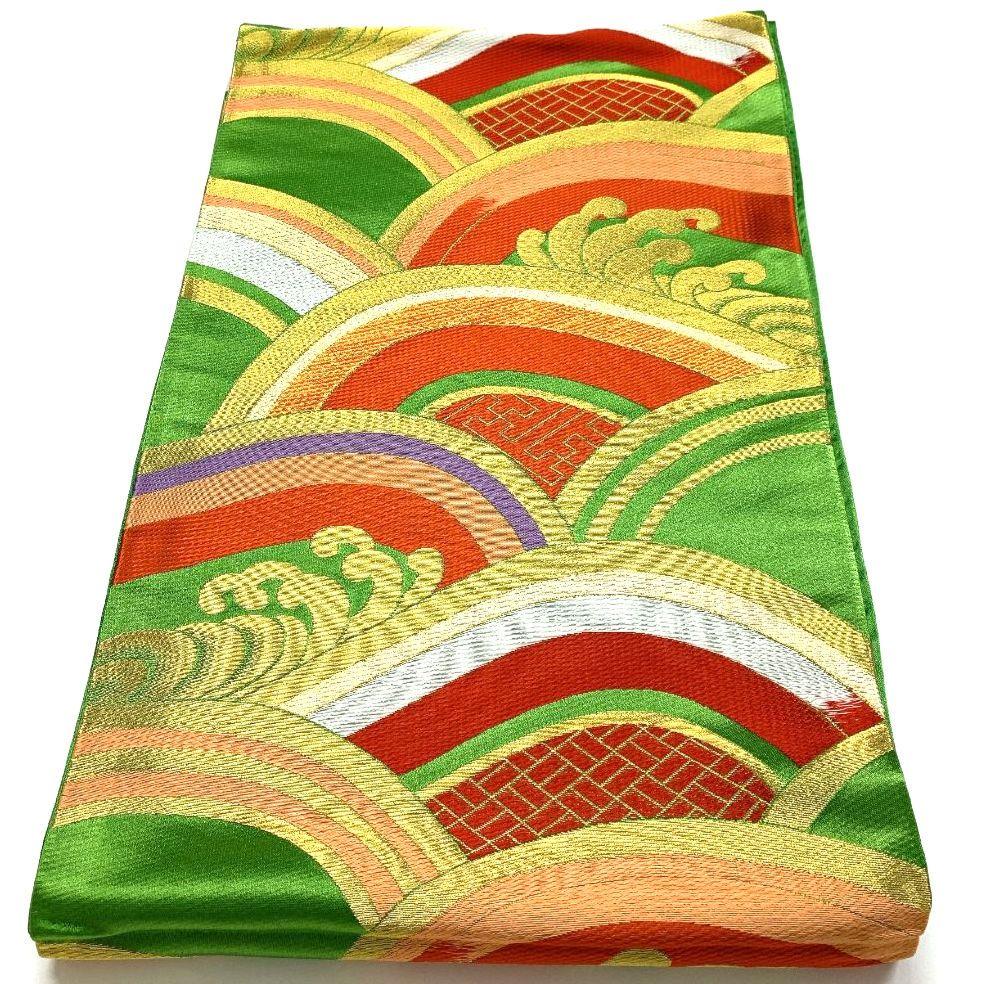 4459# Japanese Vintage Fukuro Obi Belt Kimono Fabric Silk Traditional Green