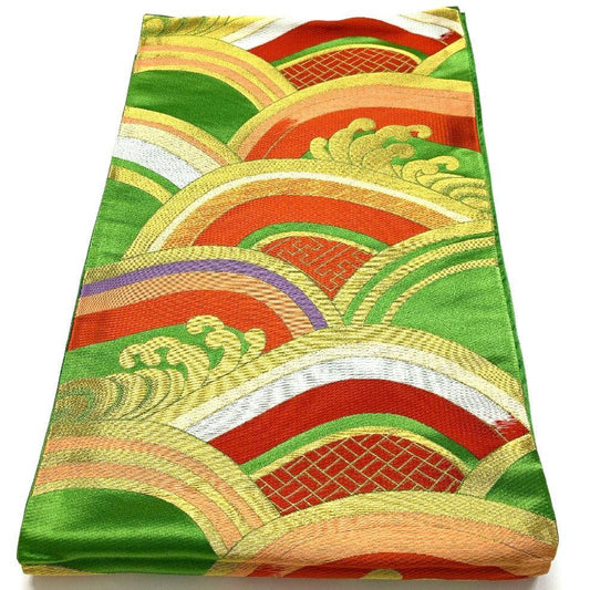 4459# Japanese Vintage Fukuro Obi Belt Kimono Fabric Silk Traditional Green