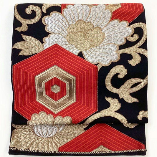 4713# Japanese Vintage Fukuro Obi Belt Kimono Fabric Silk Traditional Black