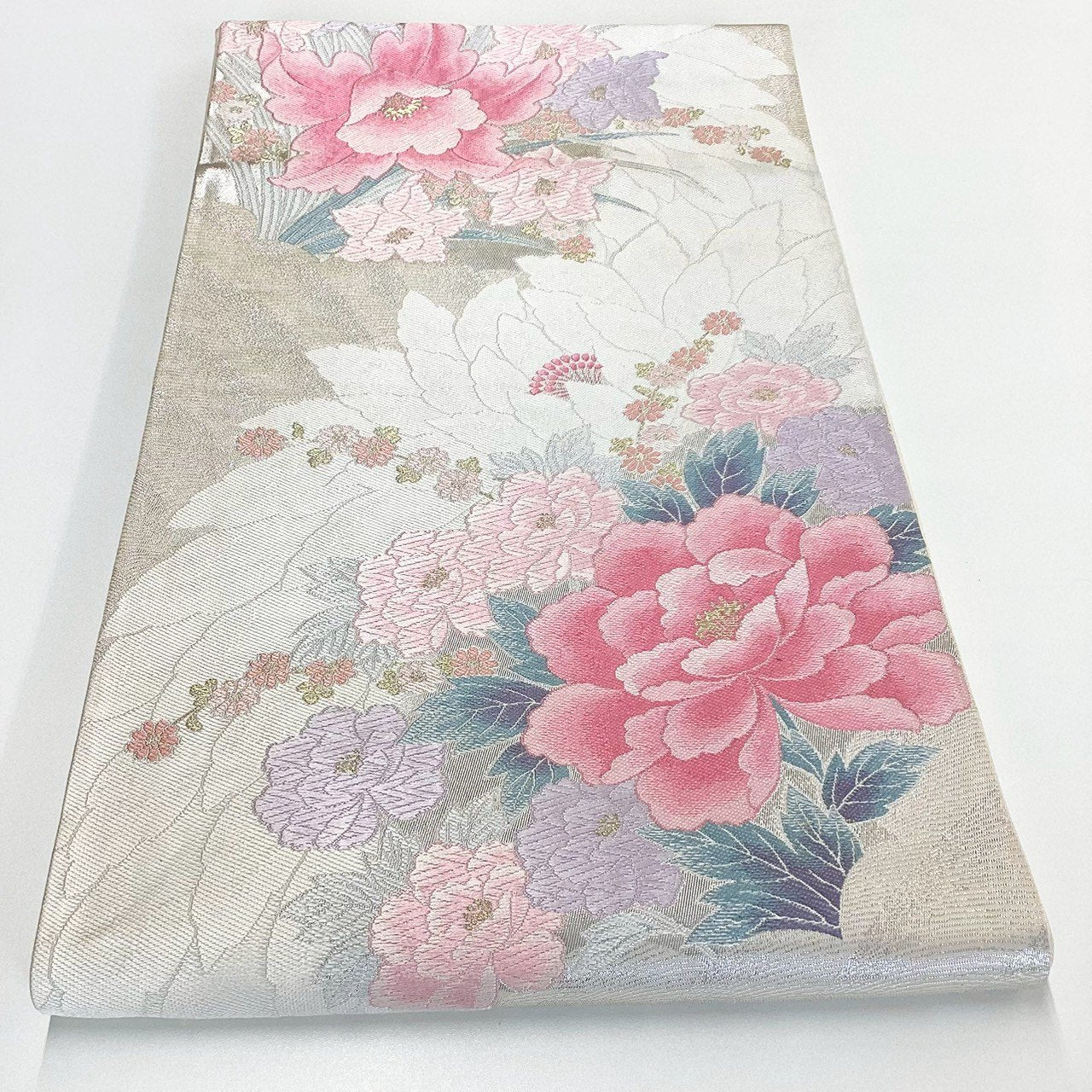 ［8877］袋帯 草花文様 刺繍 銀糸 六通 正絹 着物 フォーマル