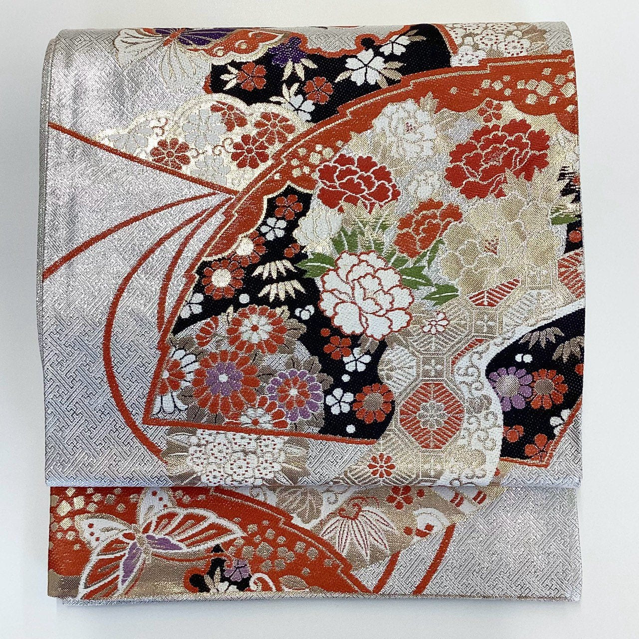［8900］袋帯 扇蝶草花文様 金彩 六通 正絹 着物 フォーマル