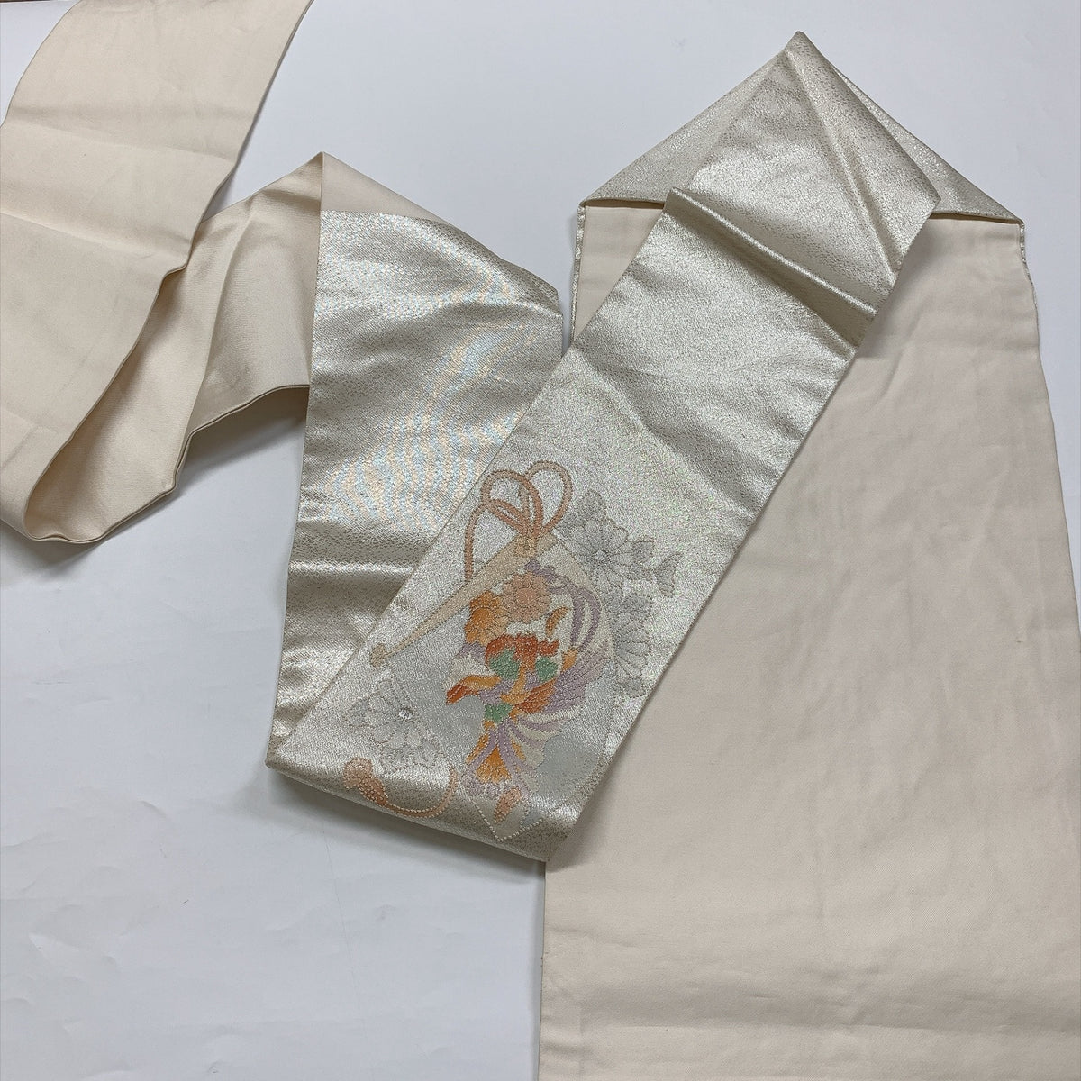 ［9388］名古屋帯 扇鳳凰花文様 銀彩 シルバー 九寸 正絹 着物