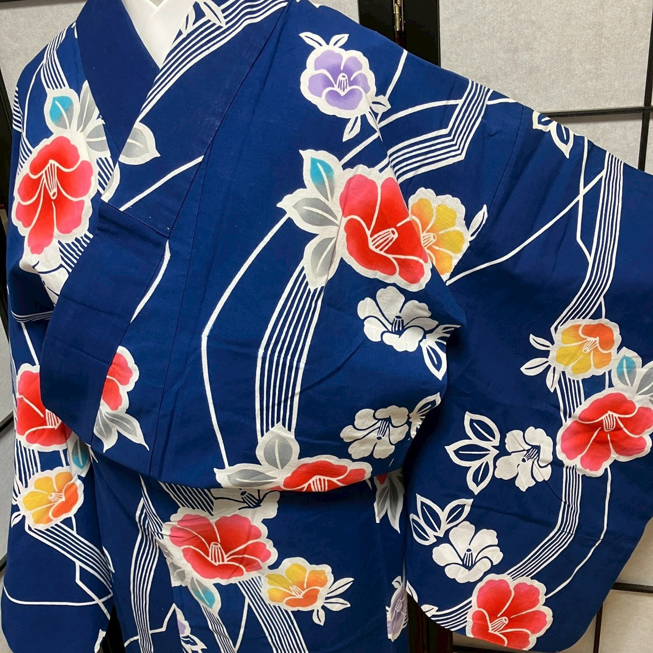 ［9453］浴衣 椿文様 ゆかた レディース リメイク 綿