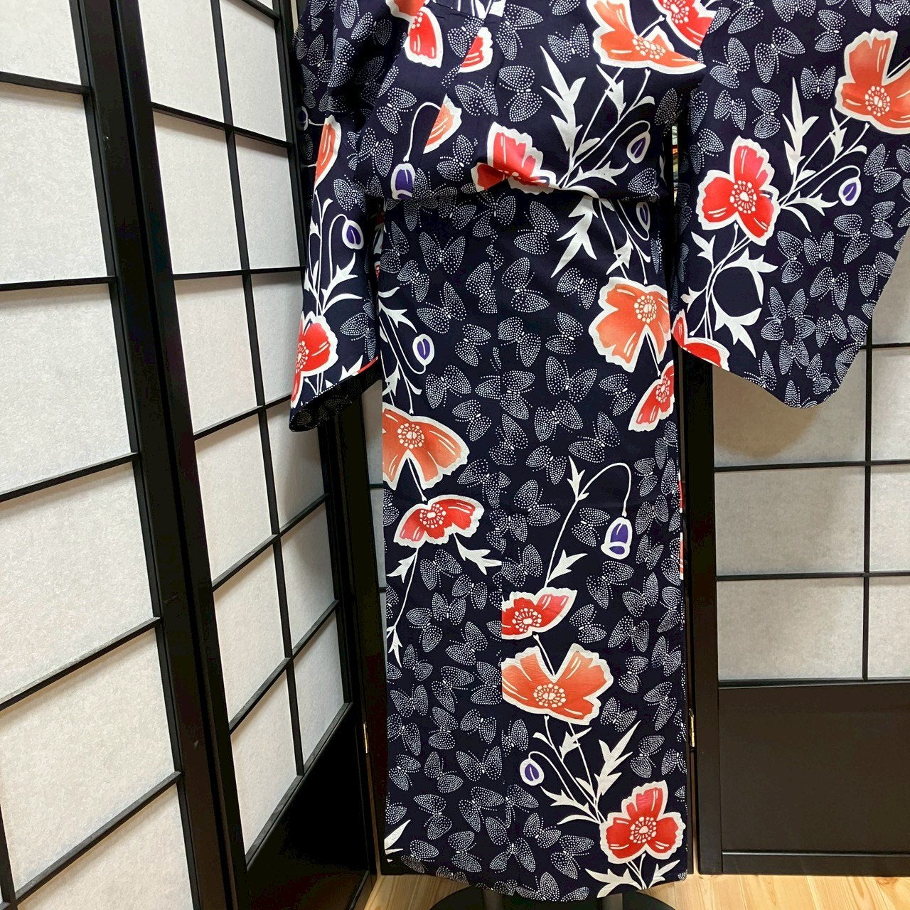 ［9464］浴衣 美品 草花舞鶴文様 ゆかた レディース リメイク 綿
